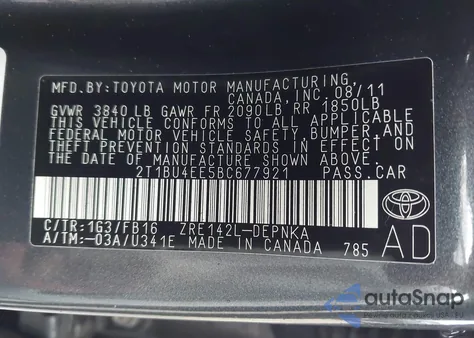 2011 Toyota Corolla Le z USA, uszkodzony, nr VIN 2T1BU4EE5BC677921